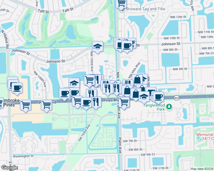 map of restaurants, bars, coffee shops, grocery stores, and more near 10230 Northwest 3rd Street in Pembroke Pines