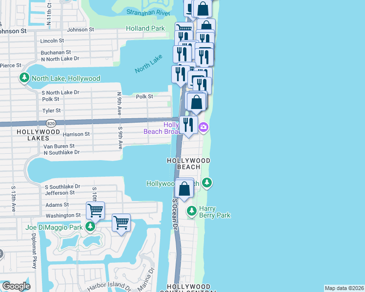 map of restaurants, bars, coffee shops, grocery stores, and more near 355 Virginia Street in Hollywood