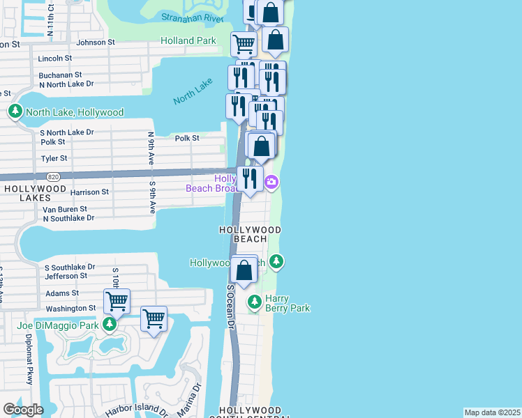 map of restaurants, bars, coffee shops, grocery stores, and more near in Hollywood