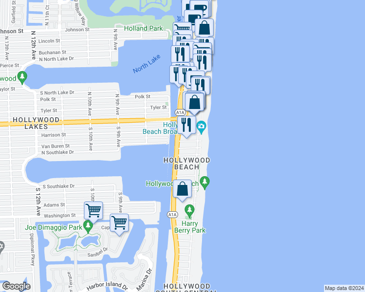 map of restaurants, bars, coffee shops, grocery stores, and more near 355 Virginia Street in Hollywood