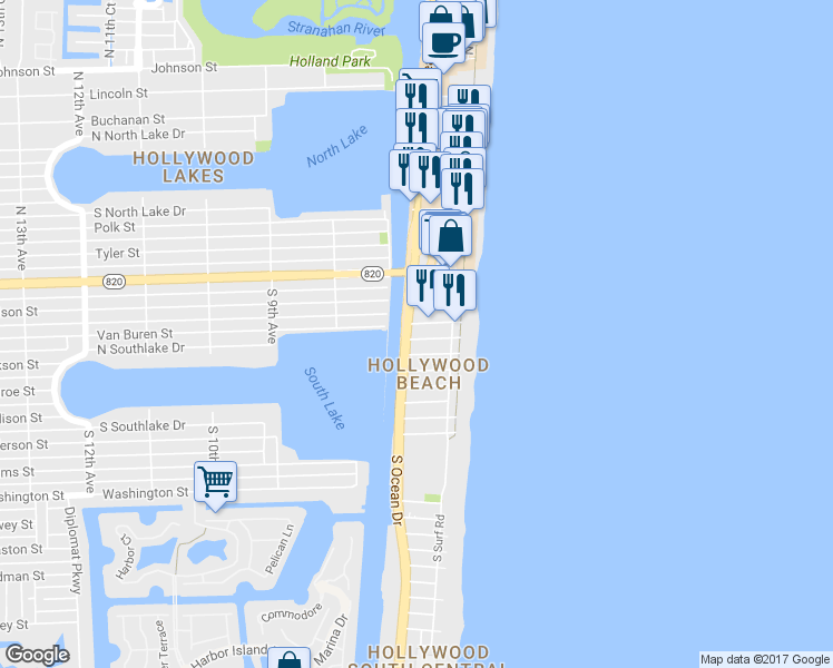 map of restaurants, bars, coffee shops, grocery stores, and more near 355 Virginia Street in Hollywood