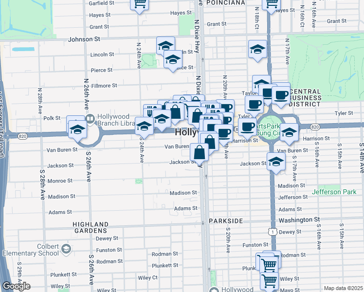 map of restaurants, bars, coffee shops, grocery stores, and more near 2150 Van Buren Street in Hollywood