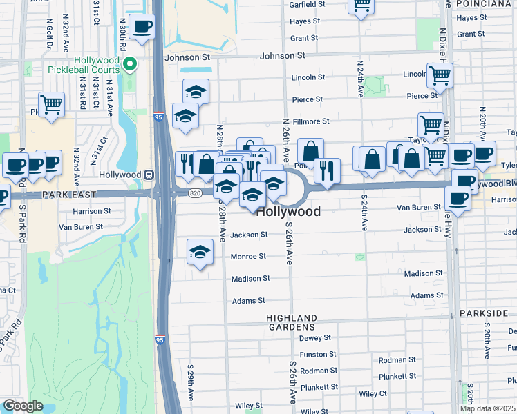 map of restaurants, bars, coffee shops, grocery stores, and more near 2717 Van Buren Street in Hollywood