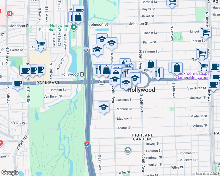 map of restaurants, bars, coffee shops, grocery stores, and more near 2751 Van Buren Street in Hollywood