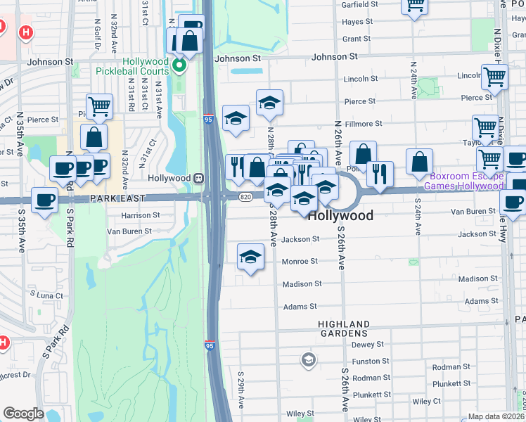 map of restaurants, bars, coffee shops, grocery stores, and more near 2829 Van Buren Street in Hollywood