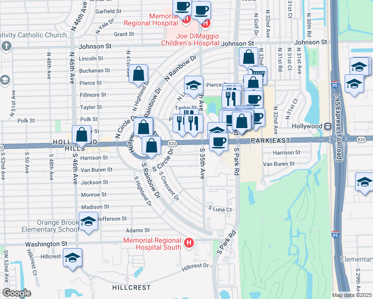 map of restaurants, bars, coffee shops, grocery stores, and more near 3550 Hollywood Boulevard in Hollywood