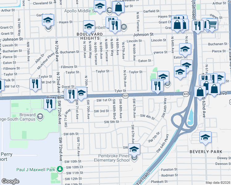 map of restaurants, bars, coffee shops, grocery stores, and more near 6850 Tyler Street in Hollywood