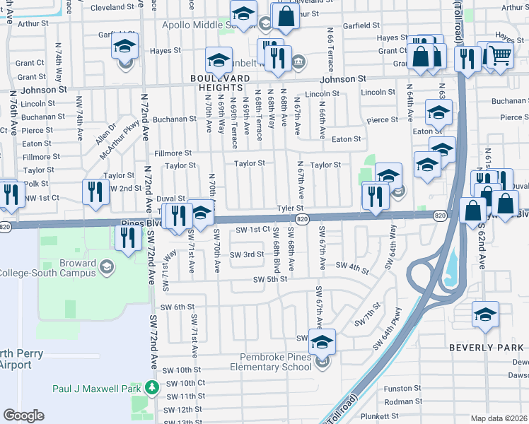 map of restaurants, bars, coffee shops, grocery stores, and more near 6850 Tyler Street in Hollywood