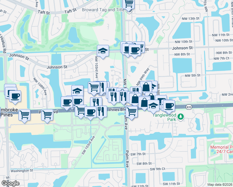 map of restaurants, bars, coffee shops, grocery stores, and more near 10220 Northwest 3rd Street in Pembroke Pines