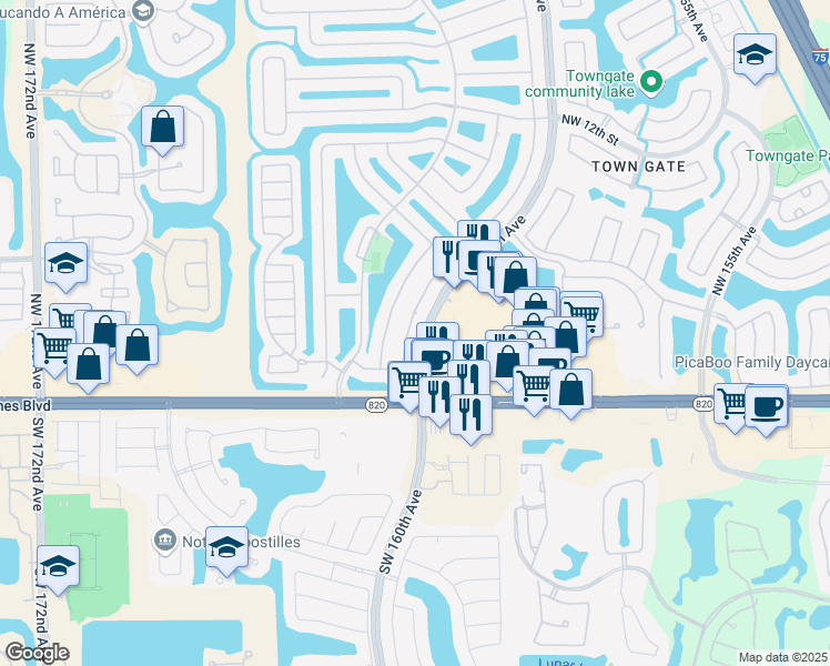 map of restaurants, bars, coffee shops, grocery stores, and more near 270 Northwest 161st Avenue in Pembroke Pines