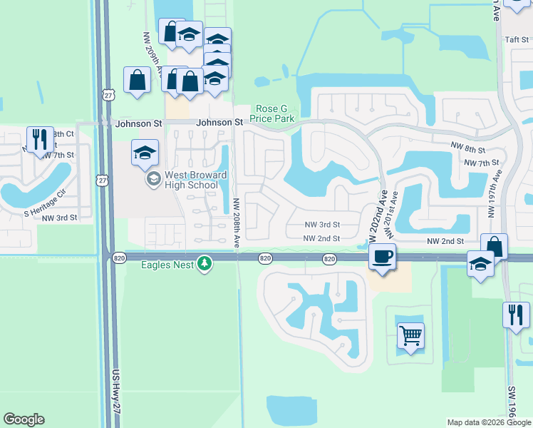 map of restaurants, bars, coffee shops, grocery stores, and more near 301 Northwest 207th Avenue in Pembroke Pines