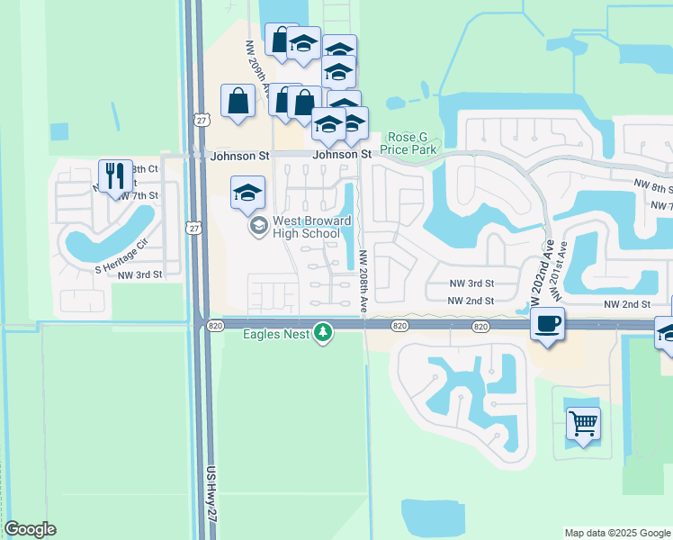 map of restaurants, bars, coffee shops, grocery stores, and more near 20813 Northwest 2nd Street in Pembroke Pines