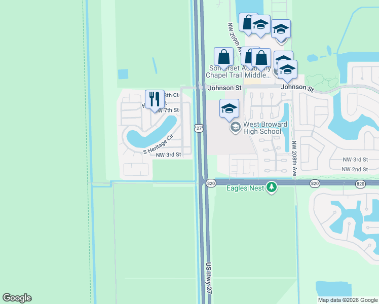 map of restaurants, bars, coffee shops, grocery stores, and more near 21501 Northwest 3rd Street in Pembroke Pines