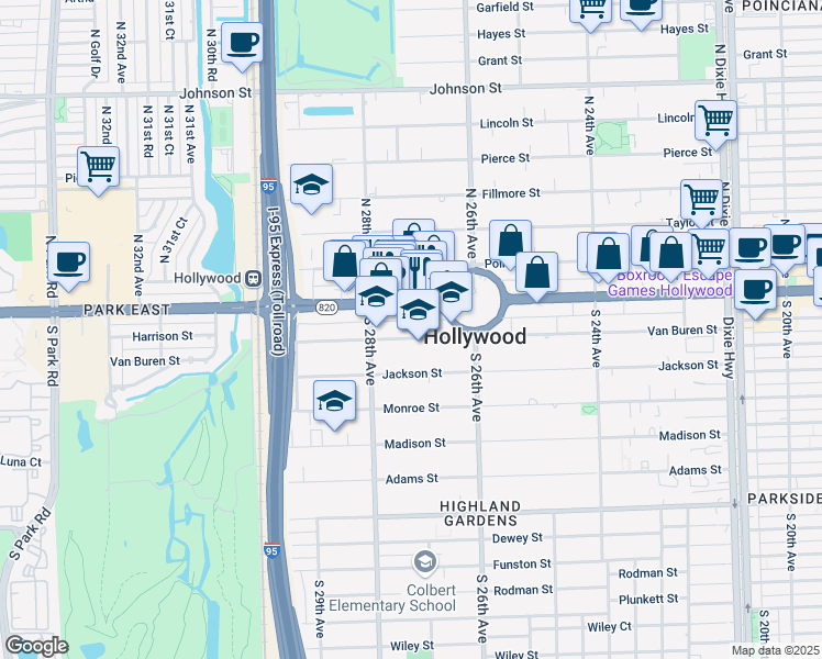 map of restaurants, bars, coffee shops, grocery stores, and more near 2717 Van Buren Street in Hollywood