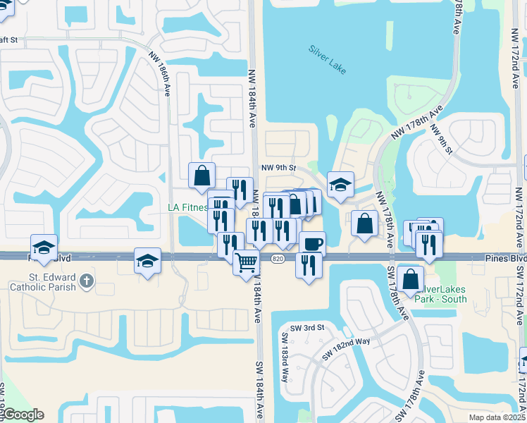 map of restaurants, bars, coffee shops, grocery stores, and more near 18396 Northwest 6th Street in Pembroke Pines