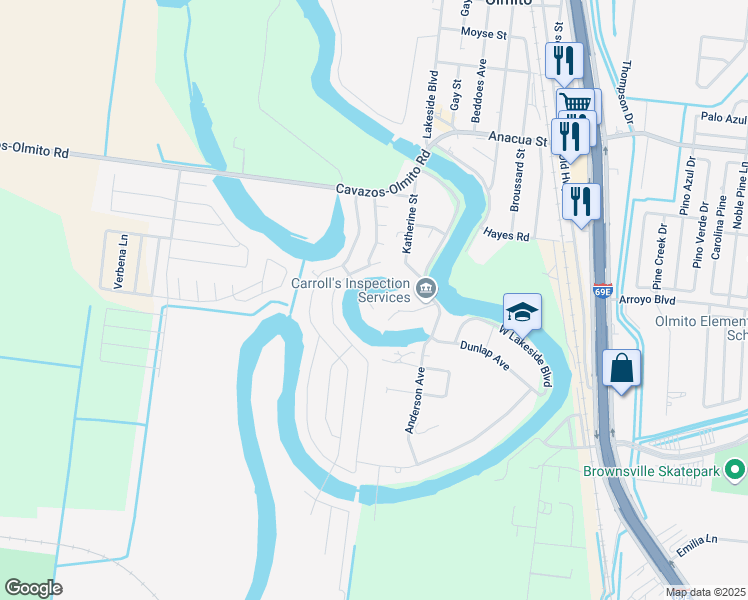 map of restaurants, bars, coffee shops, grocery stores, and more near 7400 Lago Escondido Drive in Olmito