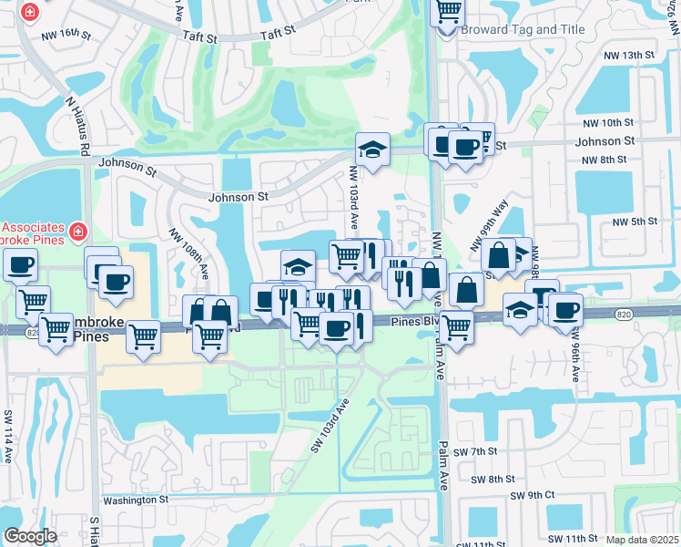 map of restaurants, bars, coffee shops, grocery stores, and more near 10372 Northwest 3rd Street in Pembroke Pines