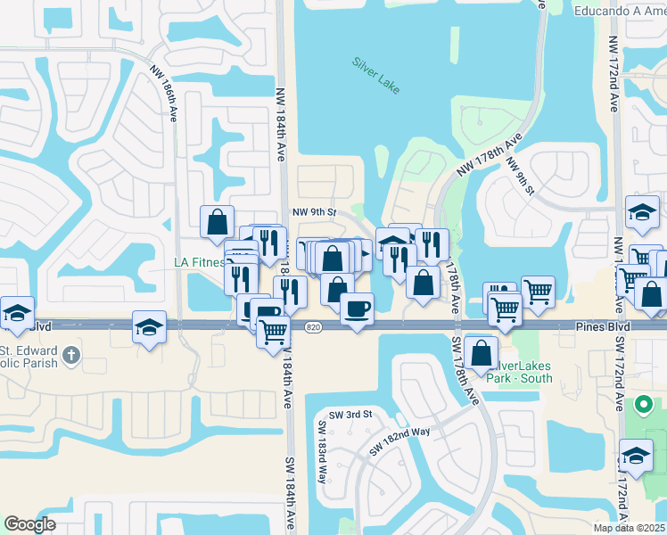 map of restaurants, bars, coffee shops, grocery stores, and more near 18306 Northwest 6th Street in Pembroke Pines