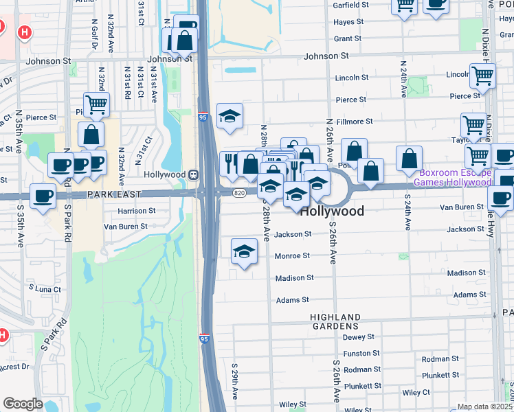 map of restaurants, bars, coffee shops, grocery stores, and more near 2829 Van Buren Street in Hollywood