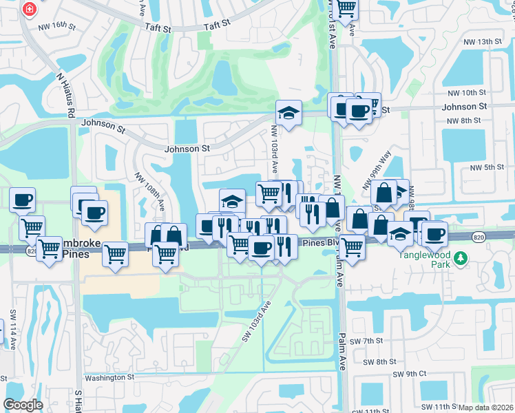 map of restaurants, bars, coffee shops, grocery stores, and more near 10372 Northwest 3rd Street in Pembroke Pines