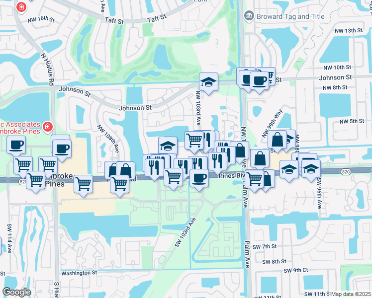 map of restaurants, bars, coffee shops, grocery stores, and more near 10372 Northwest 3rd Street in Pembroke Pines