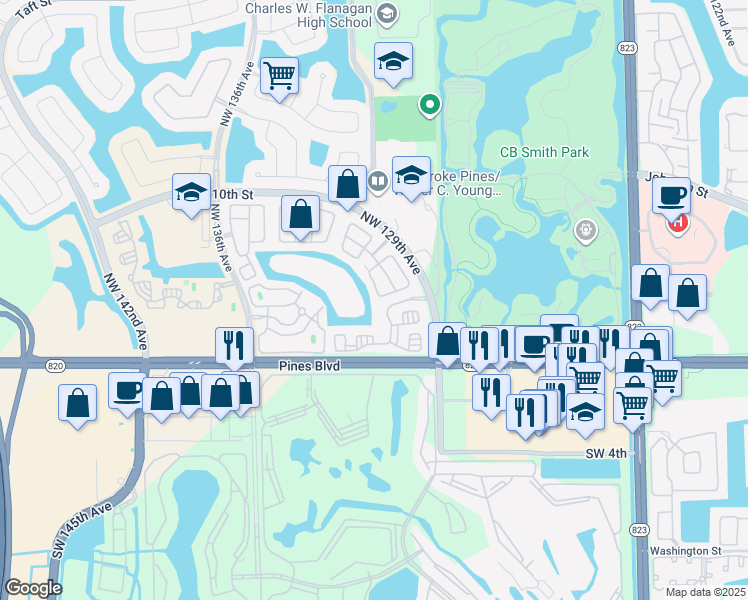 map of restaurants, bars, coffee shops, grocery stores, and more near 13090 Northwest 5th Street in Pembroke Pines