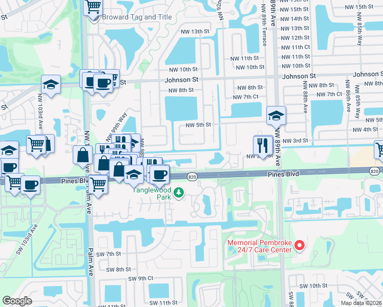 map of restaurants, bars, coffee shops, grocery stores, and more near 9611 Northwest 2nd Street in Pembroke Pines