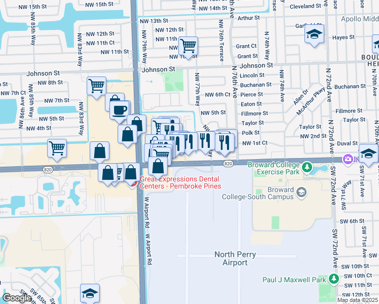 map of restaurants, bars, coffee shops, grocery stores, and more near 41 Northwest 78th Terrace in Pembroke Pines