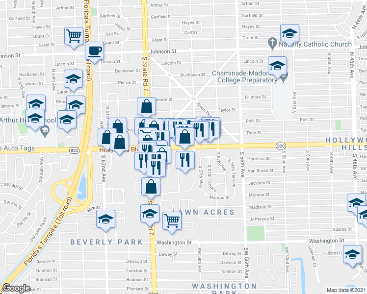map of restaurants, bars, coffee shops, grocery stores, and more near 5860 Hollywood Boulevard in Hollywood