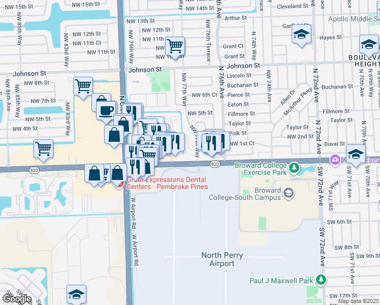 map of restaurants, bars, coffee shops, grocery stores, and more near 7760 Northwest 1st Street in Pembroke Pines