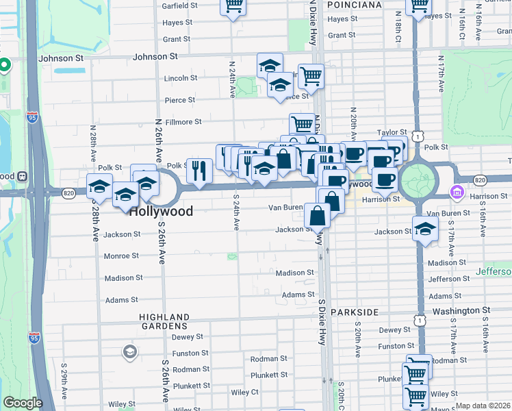 map of restaurants, bars, coffee shops, grocery stores, and more near 2240 Van Buren Street in Hollywood