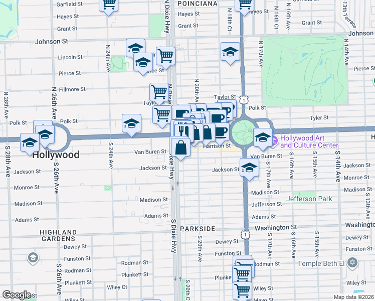 map of restaurants, bars, coffee shops, grocery stores, and more near 2035 Van Buren Street in Hollywood