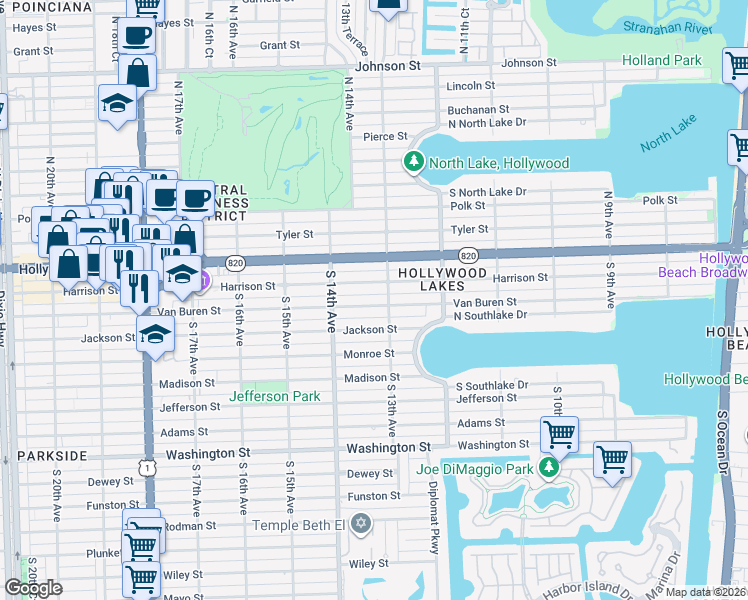 map of restaurants, bars, coffee shops, grocery stores, and more near 1317 Van Buren Street in Hollywood