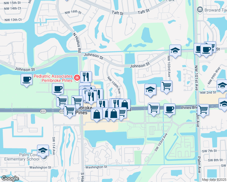 map of restaurants, bars, coffee shops, grocery stores, and more near 120 Northwest 108th Terrace in Pembroke Pines