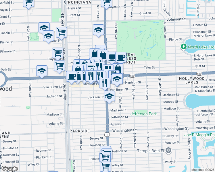map of restaurants, bars, coffee shops, grocery stores, and more near 210 South Federal Highway in Hollywood