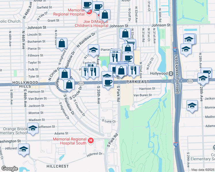 map of restaurants, bars, coffee shops, grocery stores, and more near 3440 Hollywood Boulevard in Hollywood