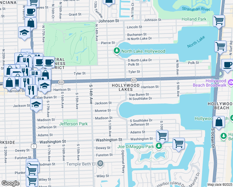 map of restaurants, bars, coffee shops, grocery stores, and more near 1231 Van Buren Street in Hollywood