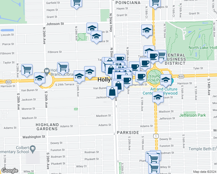 map of restaurants, bars, coffee shops, grocery stores, and more near 2100 Van Buren Street in Hollywood