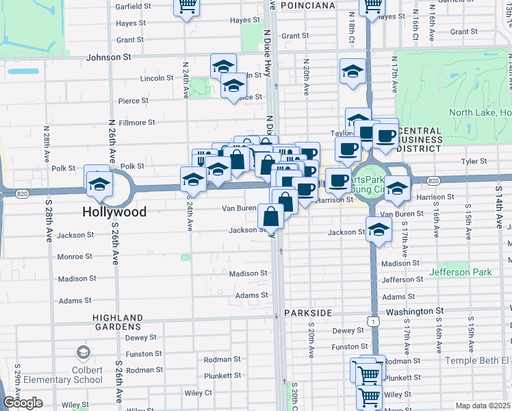 map of restaurants, bars, coffee shops, grocery stores, and more near 2150 Van Buren Street in Hollywood