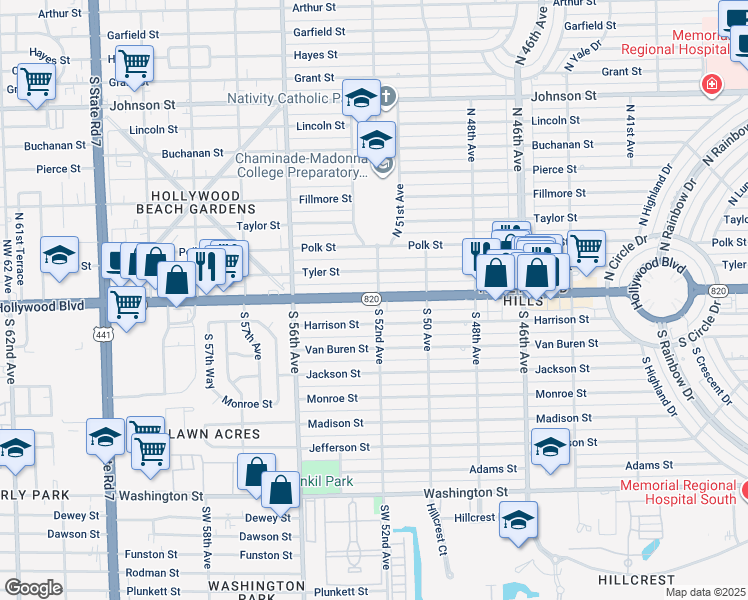 map of restaurants, bars, coffee shops, grocery stores, and more near 2 South 52nd Avenue in Hollywood