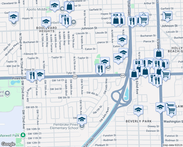 map of restaurants, bars, coffee shops, grocery stores, and more near 6550 Tyler Street in Hollywood