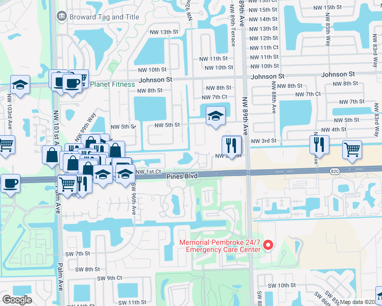map of restaurants, bars, coffee shops, grocery stores, and more near 154 Northwest 92nd Avenue in Pembroke Pines