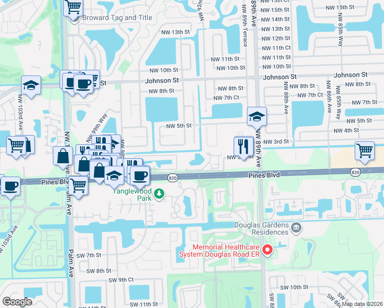 map of restaurants, bars, coffee shops, grocery stores, and more near 157 Northwest 93rd Avenue in Pembroke Pines