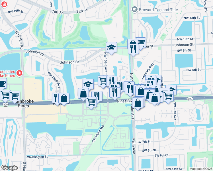 map of restaurants, bars, coffee shops, grocery stores, and more near 10251 Pines Boulevard in Pembroke Pines
