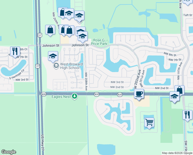 map of restaurants, bars, coffee shops, grocery stores, and more near 301 Northwest 207th Avenue in Pembroke Pines