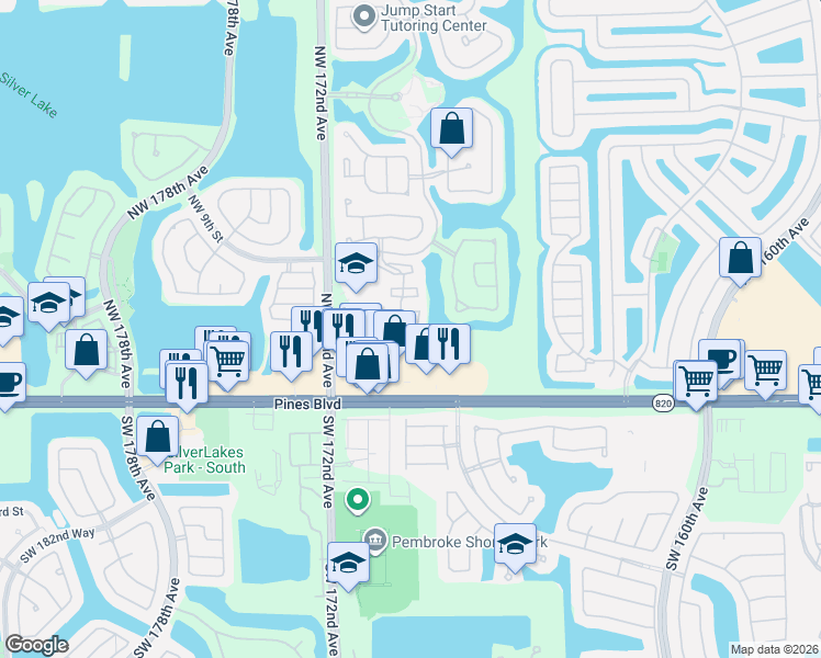 map of restaurants, bars, coffee shops, grocery stores, and more near 615 Northwest 170th Terrace in Pembroke Pines