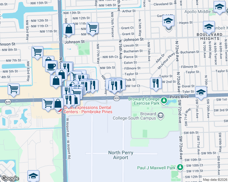 map of restaurants, bars, coffee shops, grocery stores, and more near 7640 Northwest 1st Street in Pembroke Pines