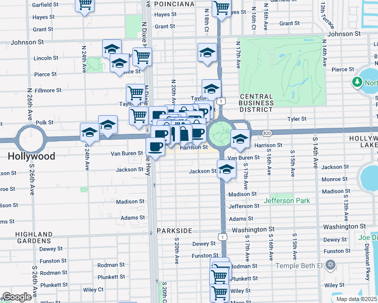map of restaurants, bars, coffee shops, grocery stores, and more near 1940 Harrison Street in Hollywood