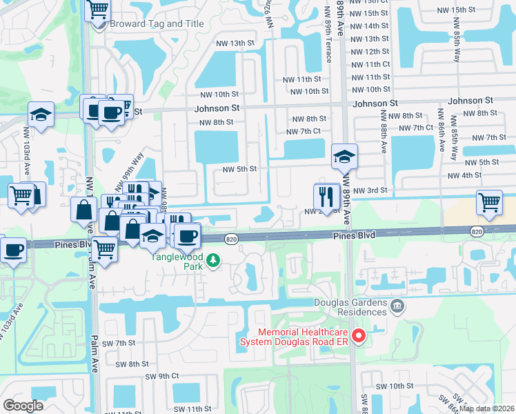 map of restaurants, bars, coffee shops, grocery stores, and more near 157 Northwest 93rd Avenue in Pembroke Pines