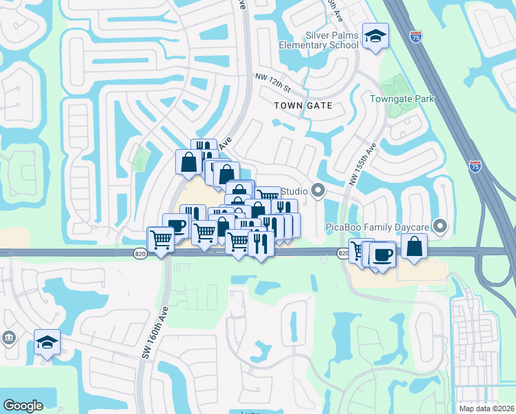 map of restaurants, bars, coffee shops, grocery stores, and more near 317 Northwest 159th Avenue in Pembroke Pines